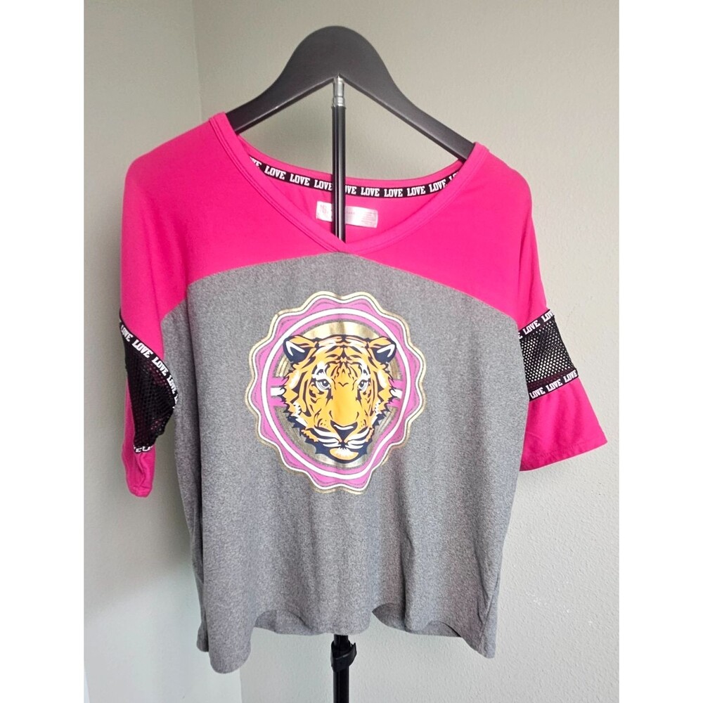 No Boundaries Tiger Graphic Top Girls’s L Pink Gray Colorblock Mesh Sleeve Y2K‎